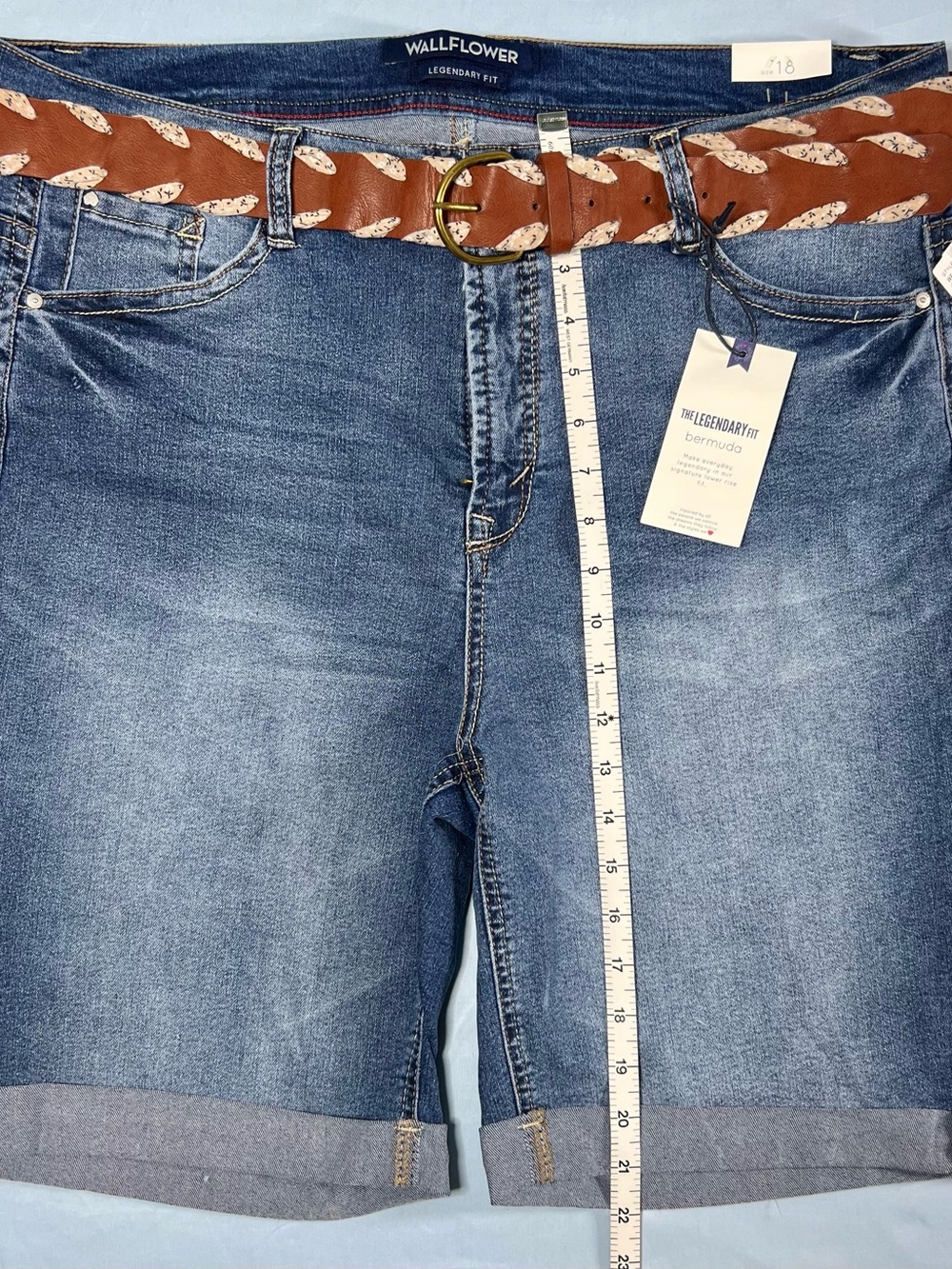 Wallflower Women's Mid-Blue Denim Bermuda Shorts with Brown Patterned Belt